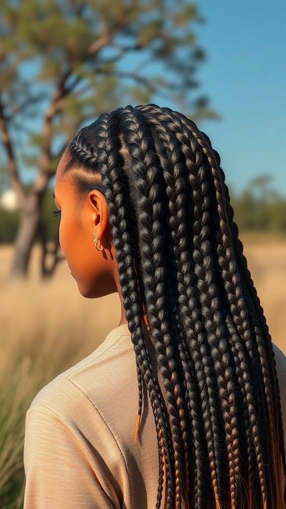 A woman with xs knotless braids, showcasing a stylish hairstyle in a natural setting.