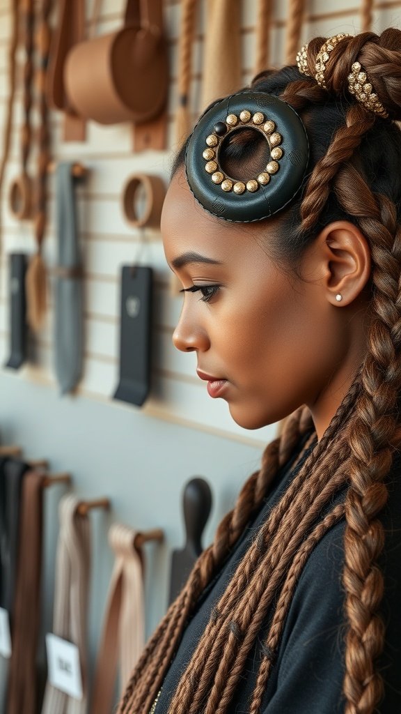 A woman with honey brown knotless braids styled with a decorative hair accessory, showcasing a trendy hairstyle.