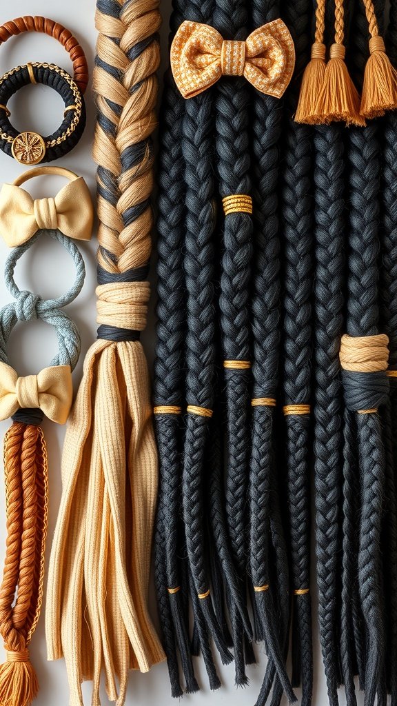 A collection of knotless braids and various hair accessories including bows and tassels.