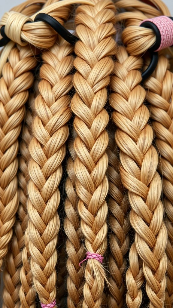 Close-up of long blonde knotless braids with hair ties