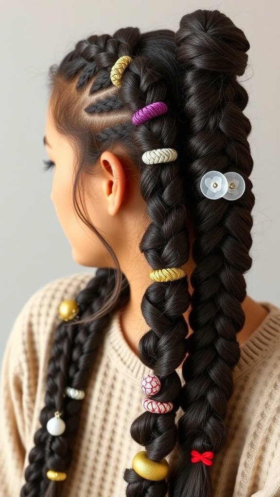 A woman with long knotless braids adorned with colorful hair accessories.
