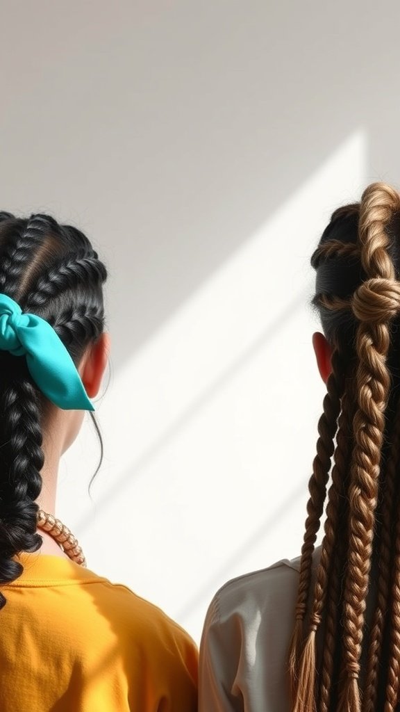 Two individuals with different styles of knotless braids, one with a turquoise ribbon and the other with neatly styled braids.