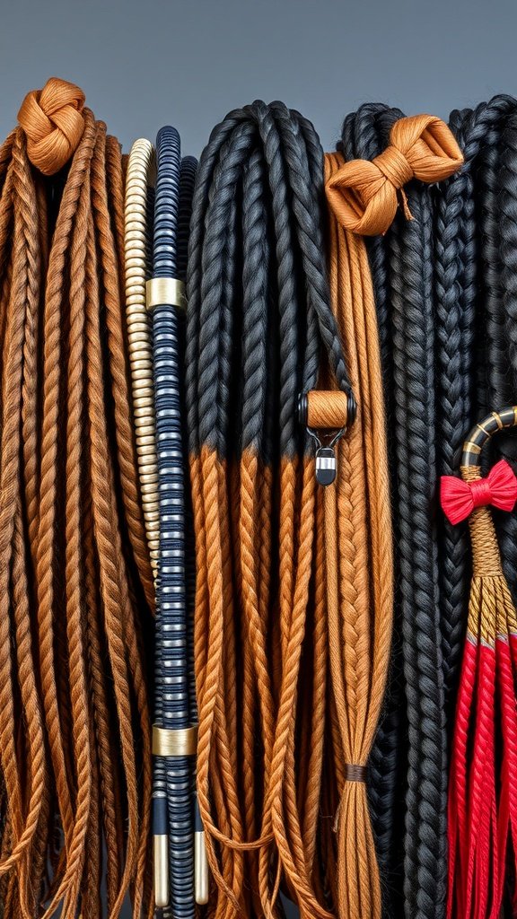 A variety of colorful knotless braids displayed, showcasing different styles and accessories.