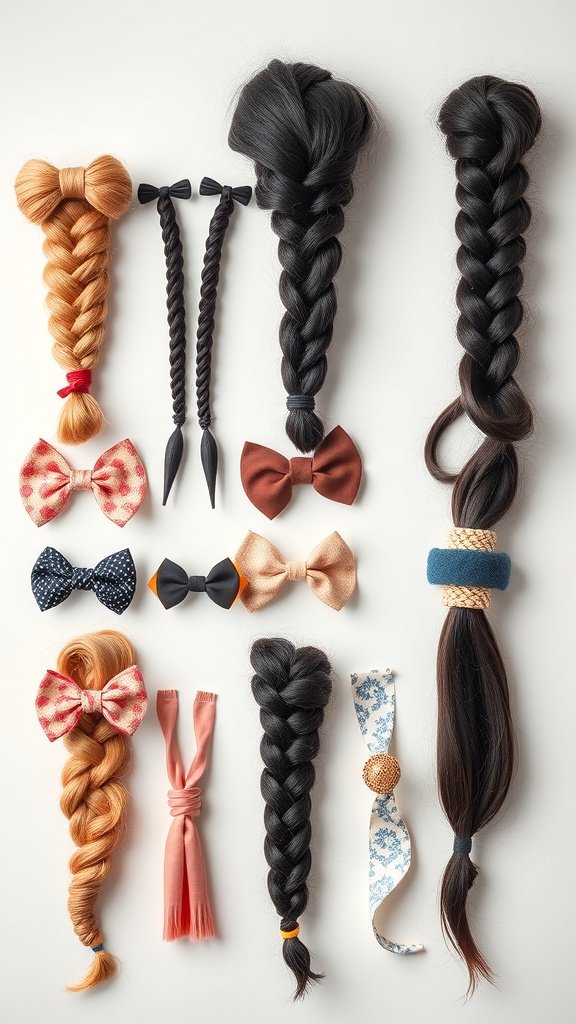 An assortment of braided hairstyles and colorful hair accessories.
