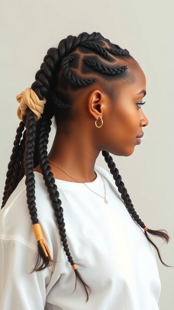 A woman showcasing small boho knotless braids styled with a golden scrunchie.