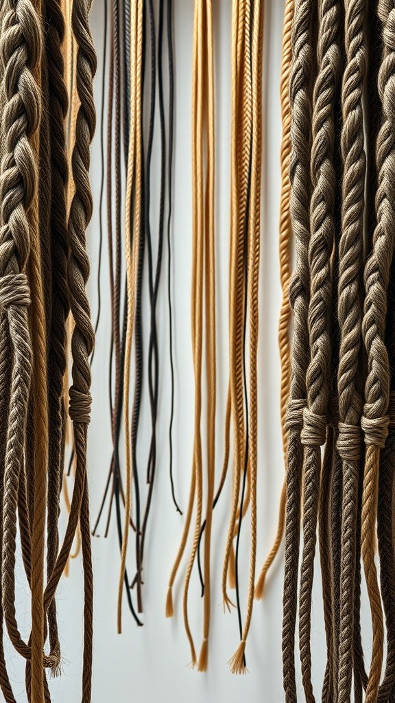 An array of different colored knotless braids hanging, showcasing various styles and textures.