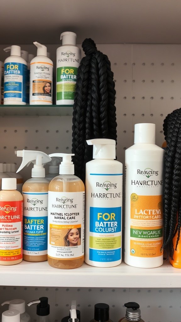 A shelf displaying various hair care products for maintaining knotless braids.