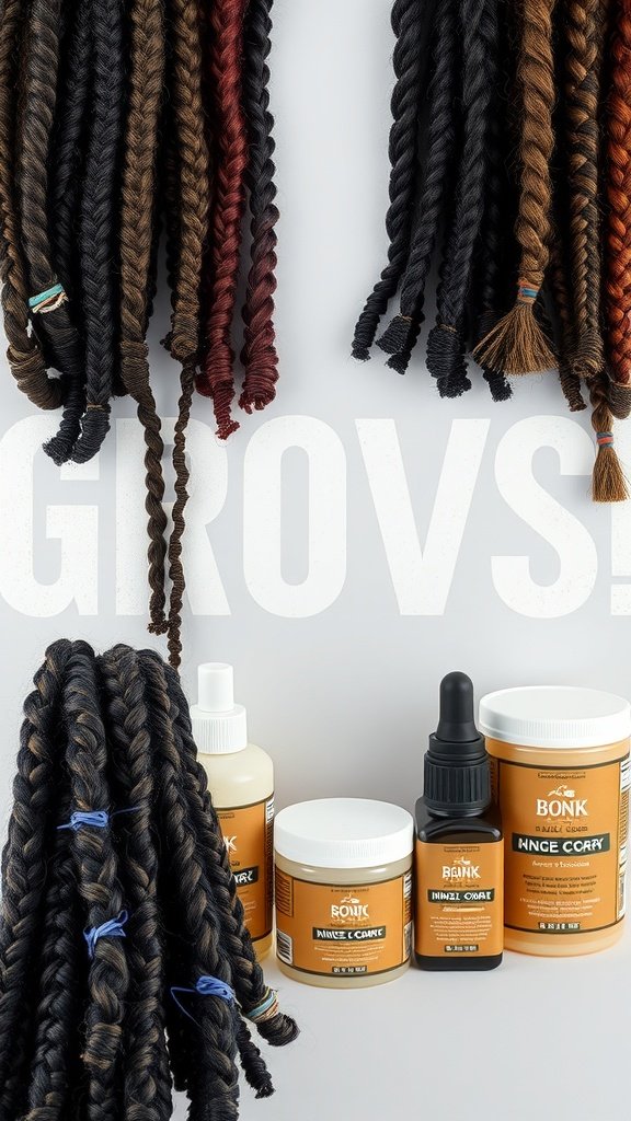 Hair care products and braided hair strands displayed together