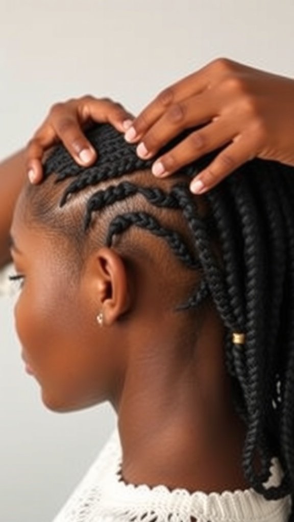A close-up of a person styling knotless braids, showcasing neatness and attention to detail.