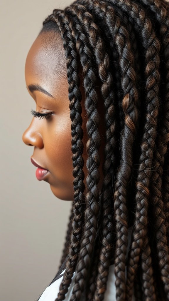 A close-up profile view of a woman with beautiful bob knotless braids, showcasing the intricate style.