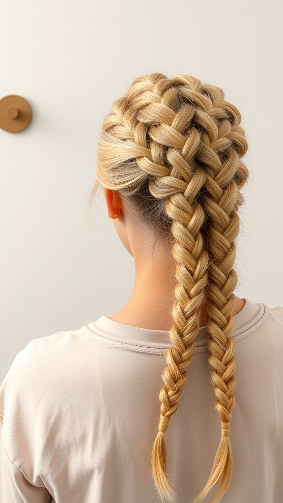 A person with honey blonde knotless braids styled in two sections, showcasing the neat and seamless appearance of the braids.