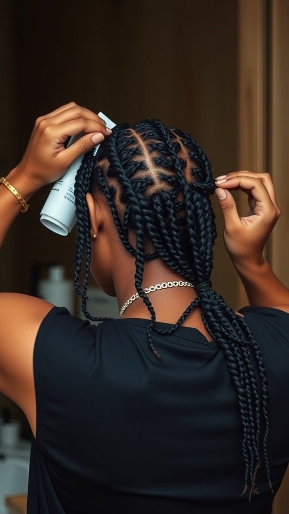 A person styling long knotless braids, showcasing the intricate process of creating a protective hairstyle.