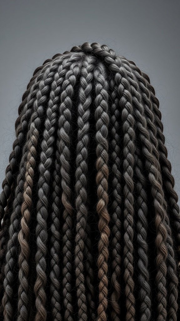 A close-up view of knotless braids showcasing a mix of dark and light tones.