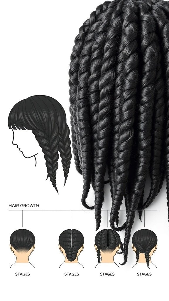 Illustration of large knotless braids and hair growth stages