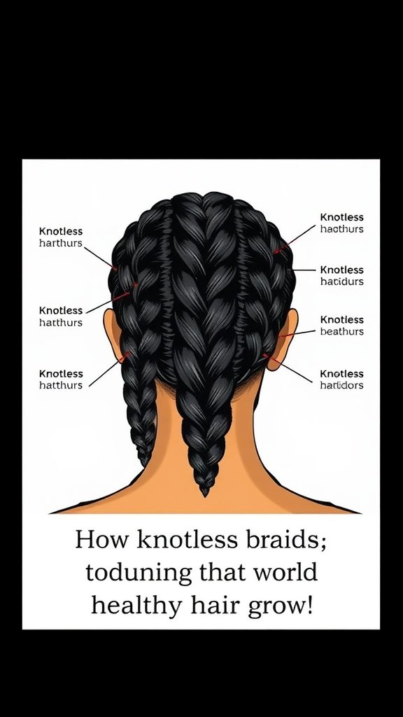 Illustration of large knotless braids with labeled sections, emphasizing hair growth benefits.