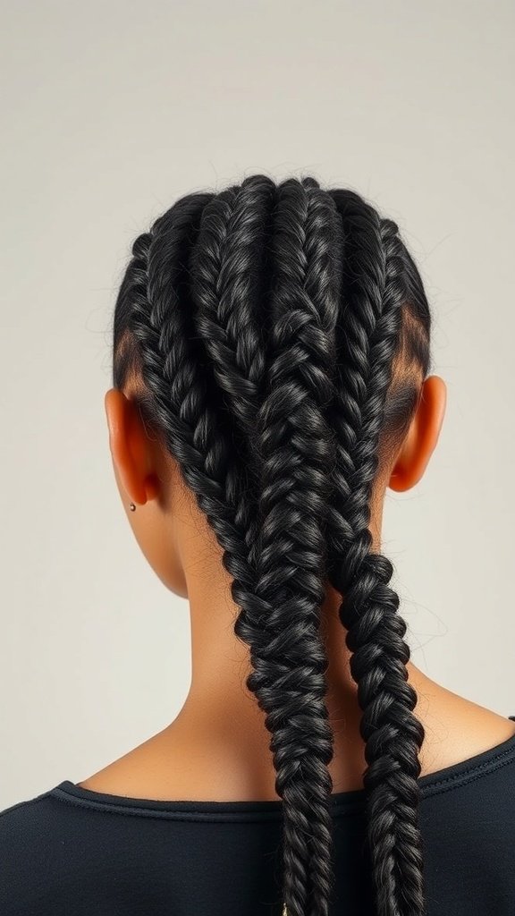 A close-up view of stylish knotless braids with curly ends, showcasing a beautiful protective hairstyle.