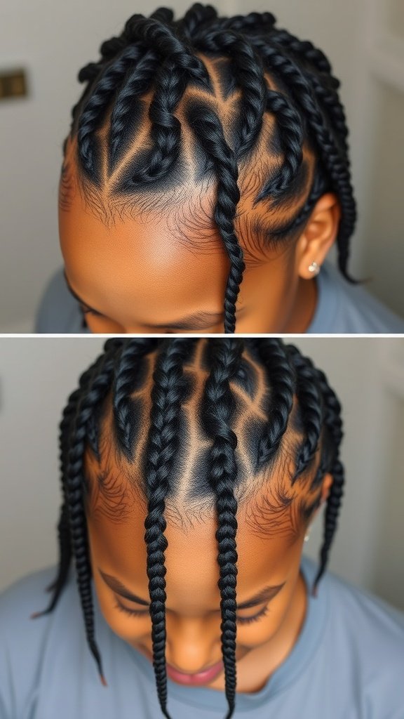 Close-up of medium boho knotless braids with a neat parting and defined sections.