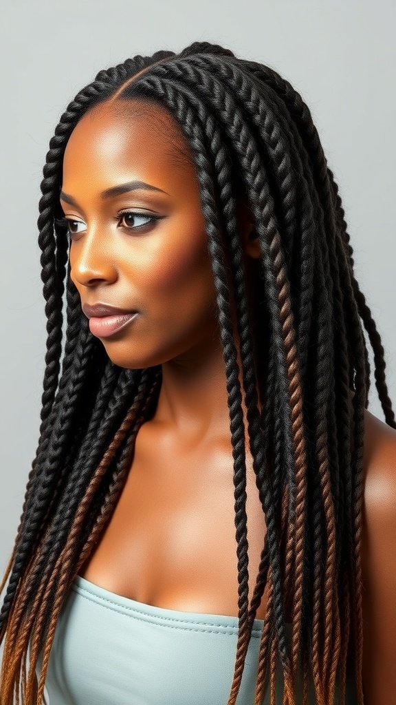 A woman with stylish knotless braids, showcasing a natural and elegant look.