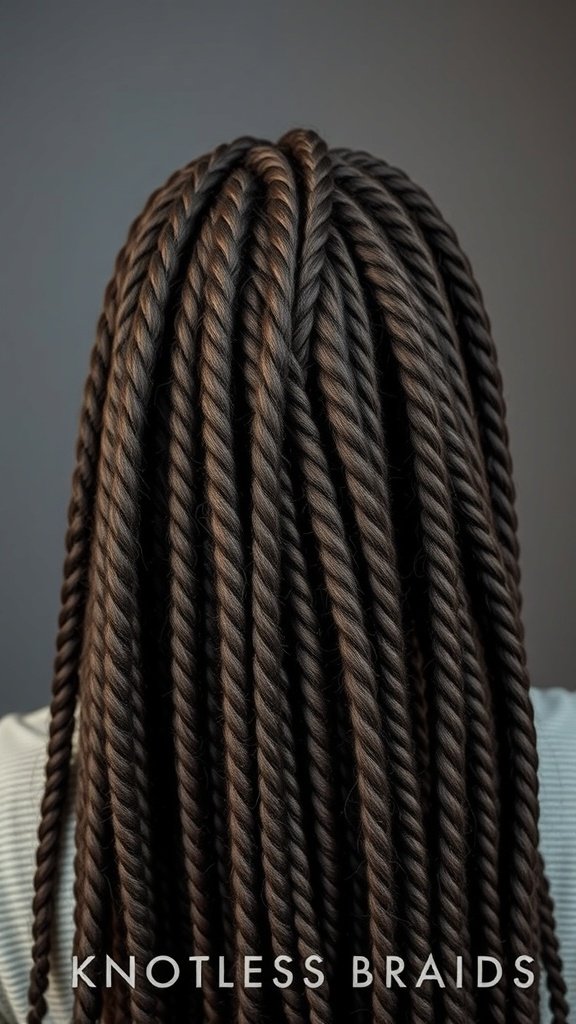 A close-up view of short knotless braids with curly ends, showcasing a stylish protective hairstyle.