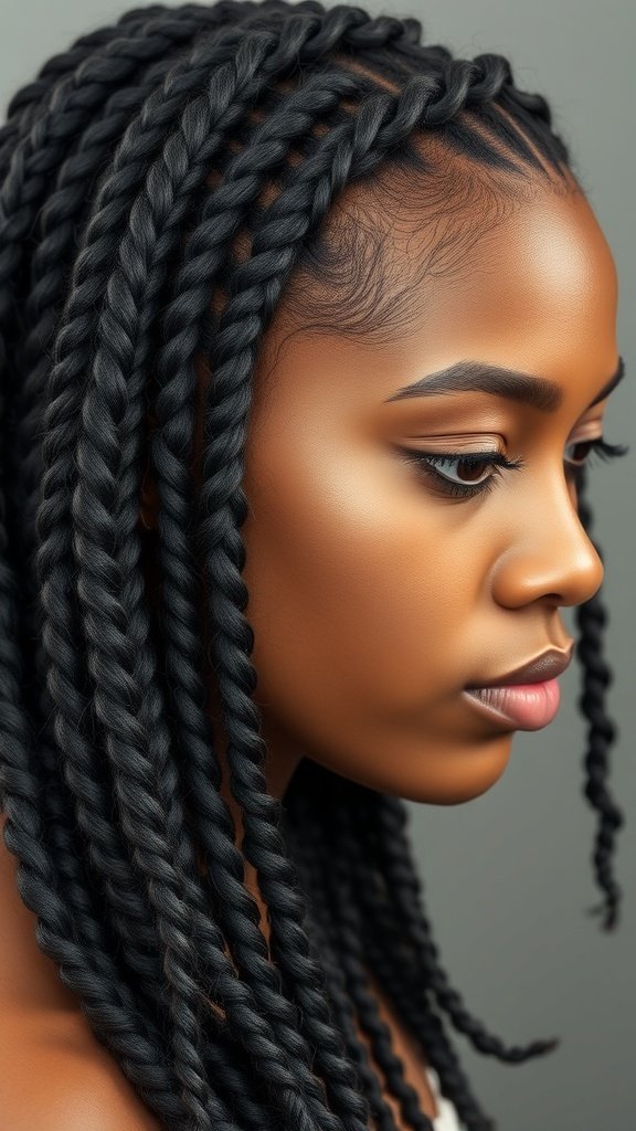A close-up of a woman with short knotless braids, featuring curly ends, showcasing a stylish and protective hairstyle.
