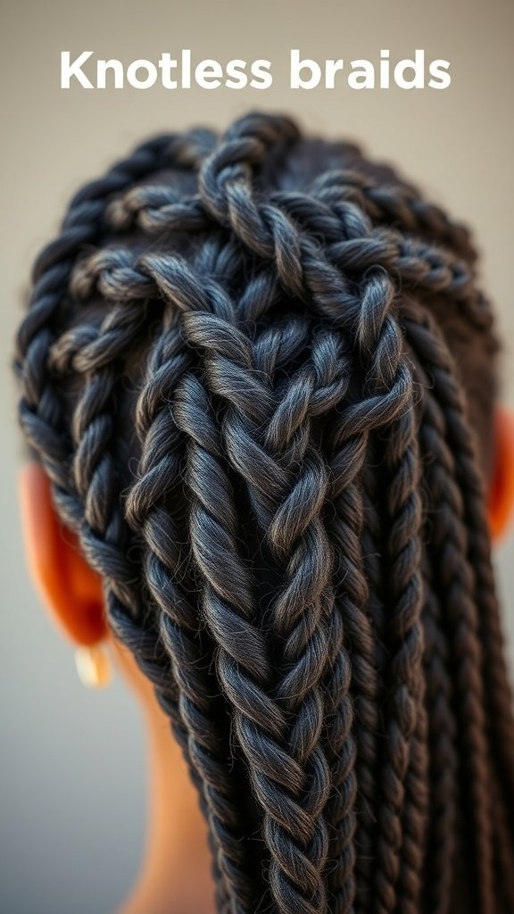 Close-up of beautiful knotless braids styled intricately.