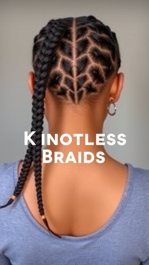 A back view of a person with large knotless braids, showcasing a unique parting pattern.