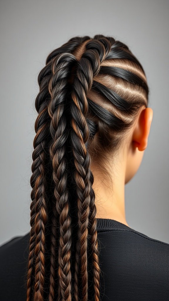 A close-up of medium knotless boho goddess braids styled in a unique pattern.