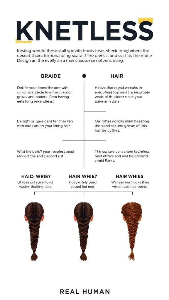 Infographic showing different styles and techniques for knotless braids, emphasizing hair care and styling options.