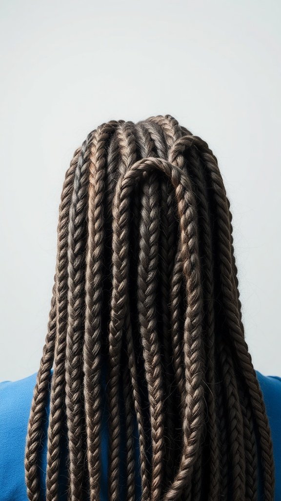 Back view of long knotless braids styled elegantly.