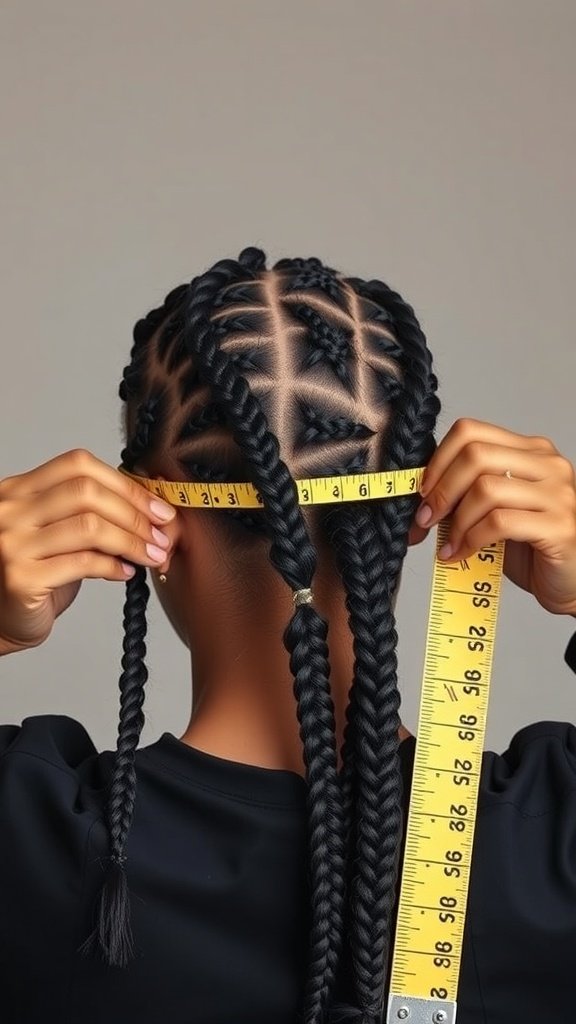 A person measuring their knotless braids, showcasing the neatness and precision of the style.
