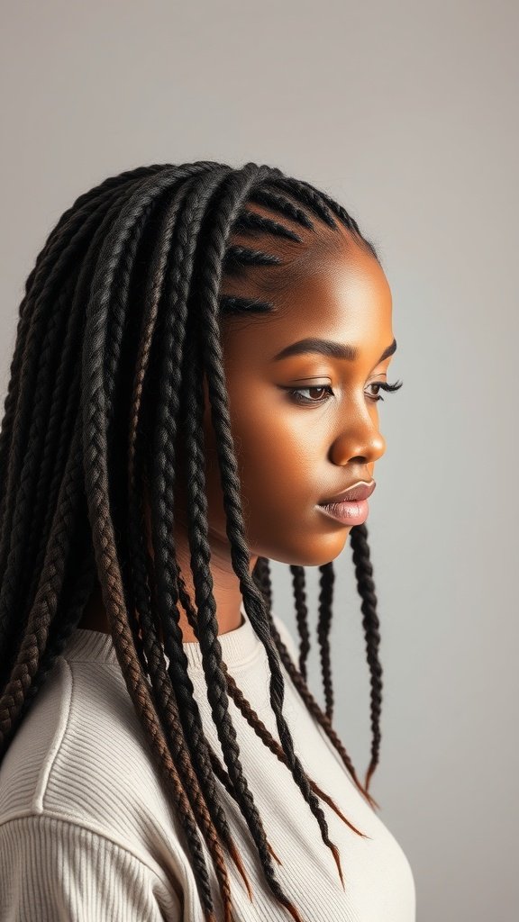 A close-up of a person with knotless braids styled with curls, showcasing a protective hairstyle.
