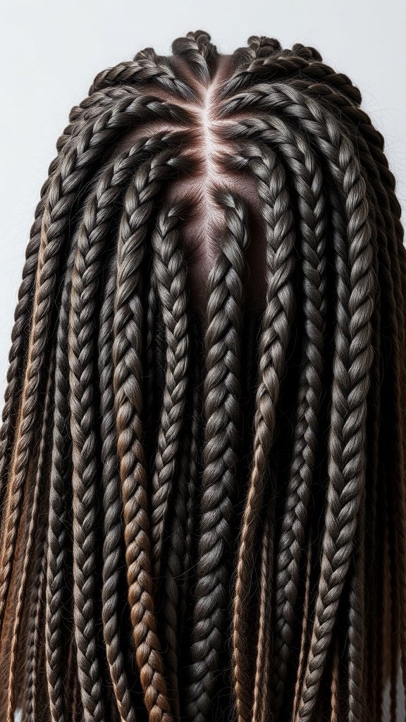 A close-up view of a person's scalp with Fulani knotless braids styled neatly.