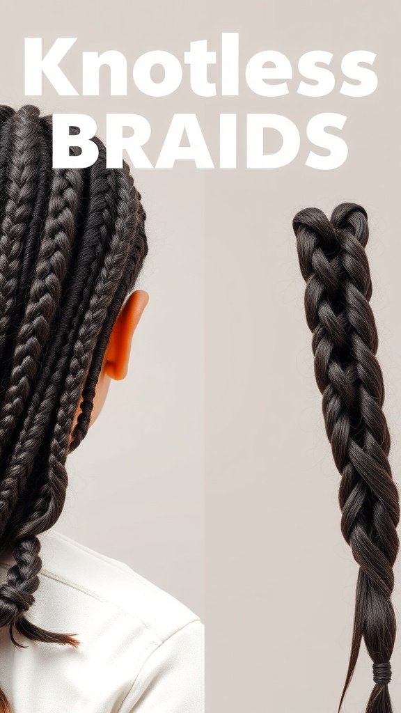 A close-up of knotless braids showing various styles and lengths.