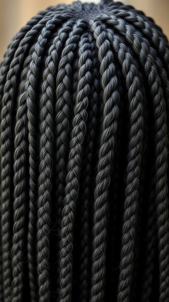 A close-up view of long knotless braids, showcasing their neat and sleek appearance.