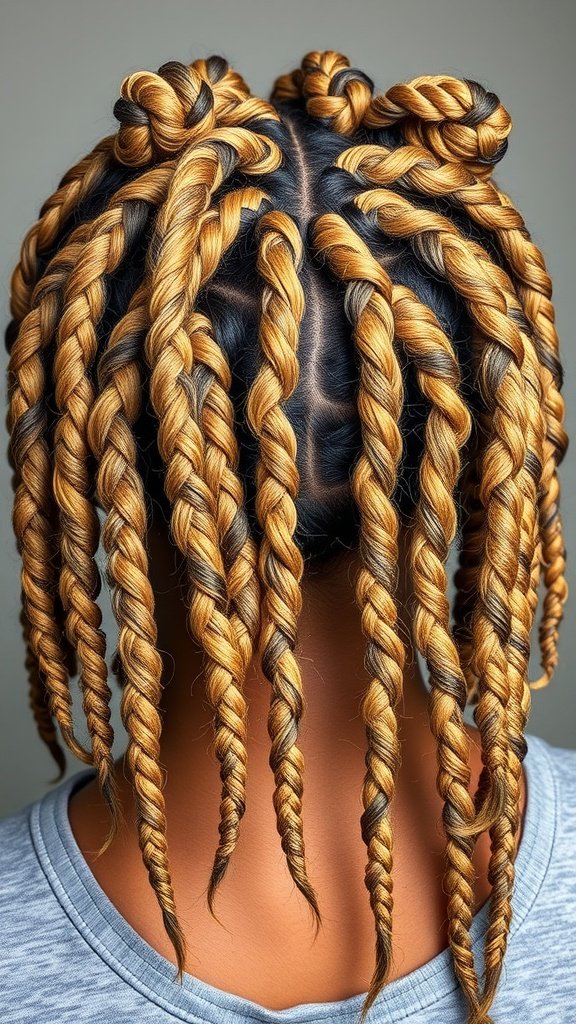 A close-up view of blonde knotless box braids styled in a unique way.