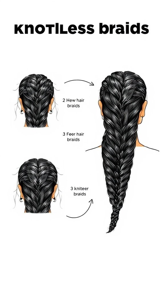 Illustration of knotless braids showing the braiding technique step by step.