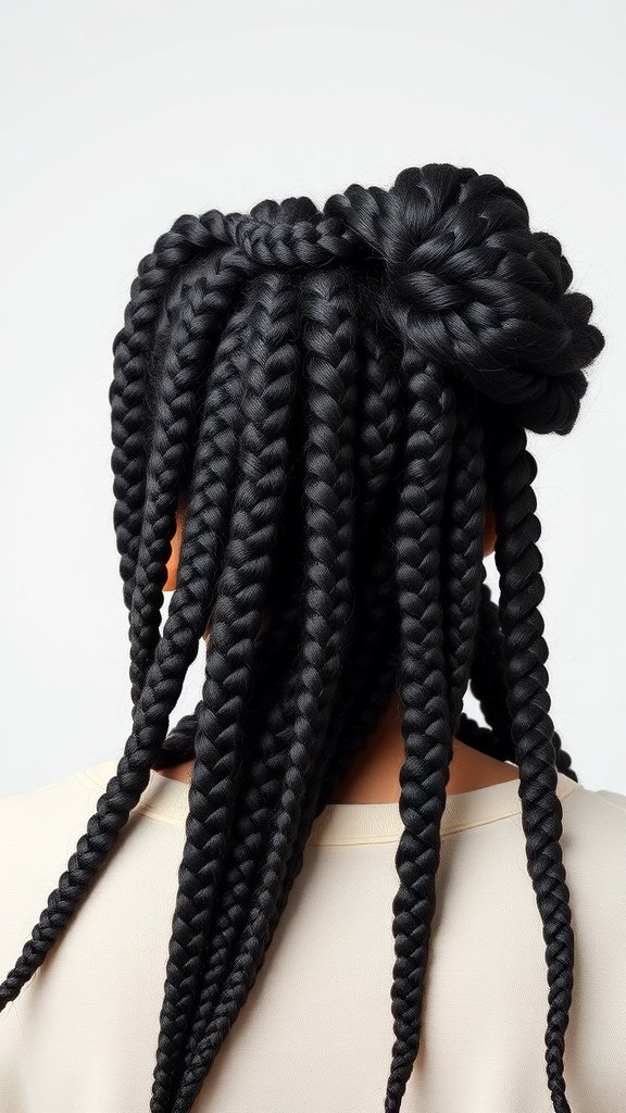 A woman with medium knotless braids styled in a half-up, half-down look.