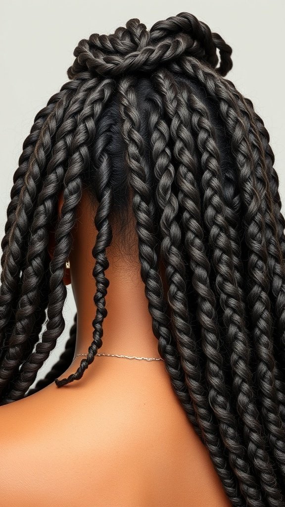 Close-up view of a person with jumbo boho knotless braids styled elegantly.