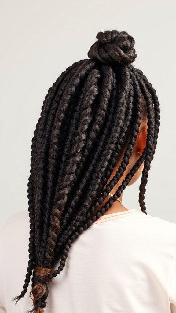 Long knotless braids styled in a half-up bun, showcasing a protective hairstyle.