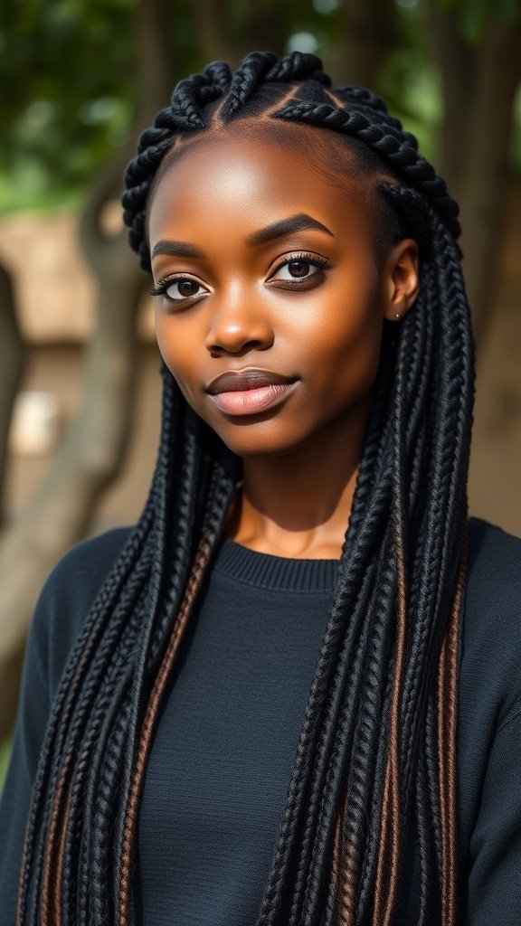 A woman with long knotless braids, showcasing a stylish and healthy hairstyle.