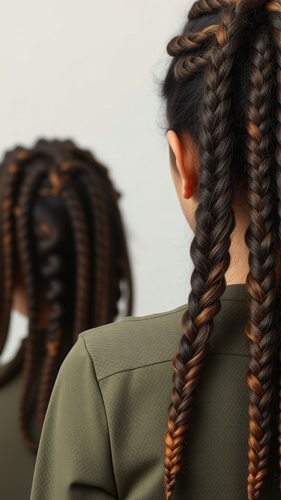A close-up view of a woman with stylish boho knotless braids bob, showcasing the intricate braiding and color highlights.