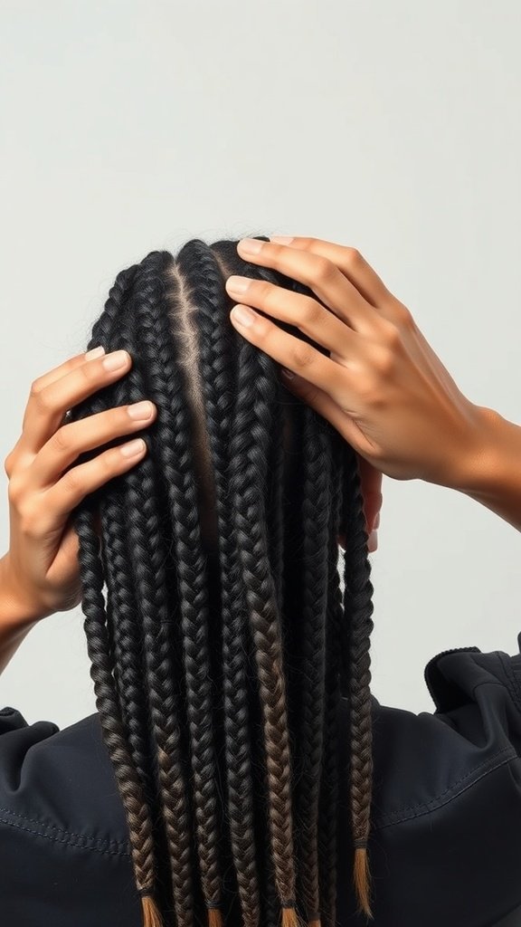 A close-up view of knotless braids being styled, showcasing healthy hair.