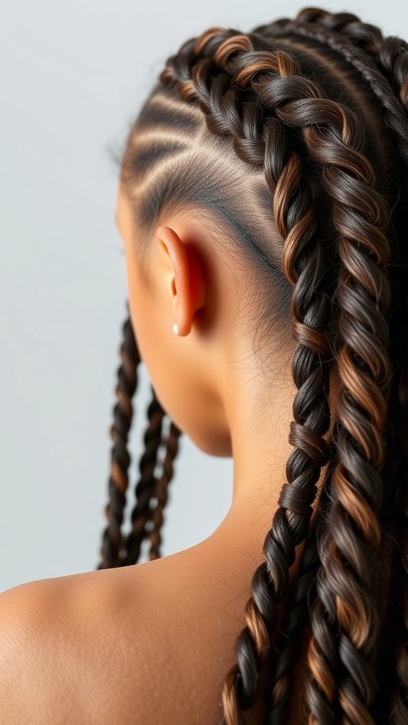A close-up view of long knotless braids styled with neat sections and a smooth finish.