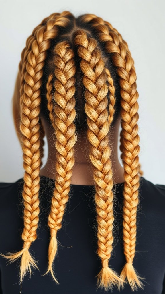 Honey blonde knotless braids styled in a neat pattern