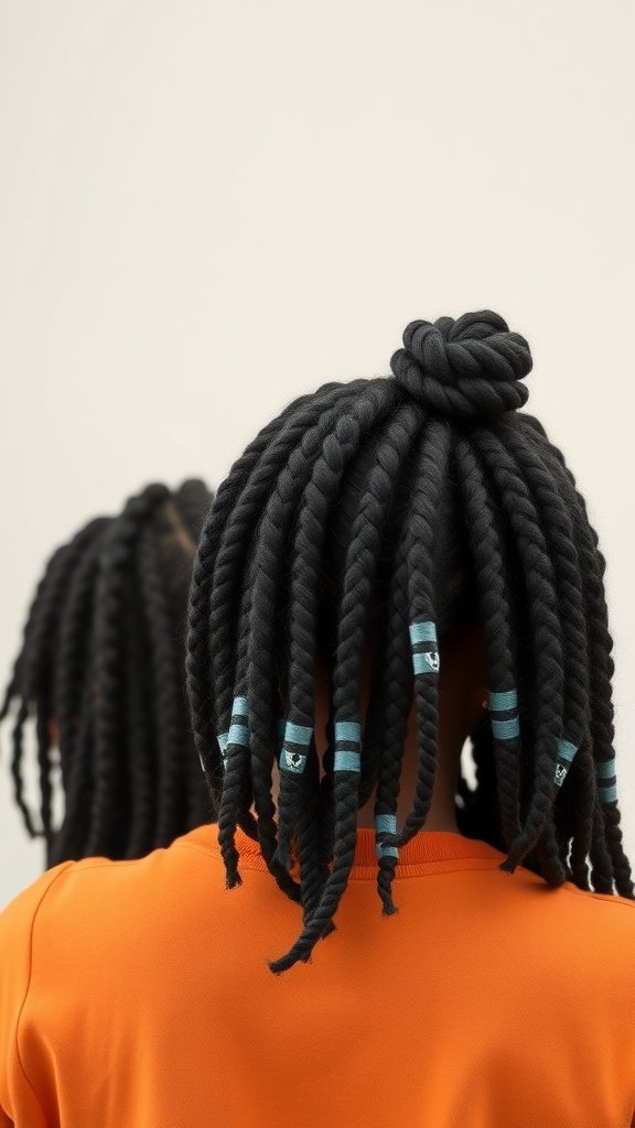 A close-up of a person with knotless braids styled in a bun, showcasing the intricate design and colorful accessories.