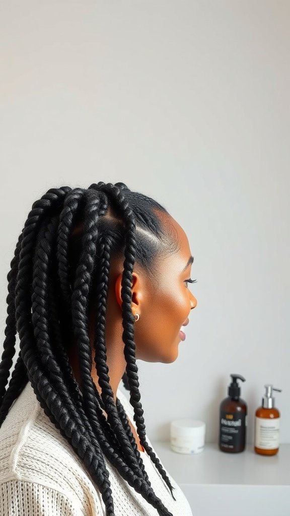 A woman with short bohemian knotless braids, showcasing a stylish and healthy hairstyle.