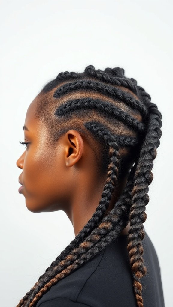 A profile view of a person with large knotless braids, showcasing a sleek and stylish hairstyle.