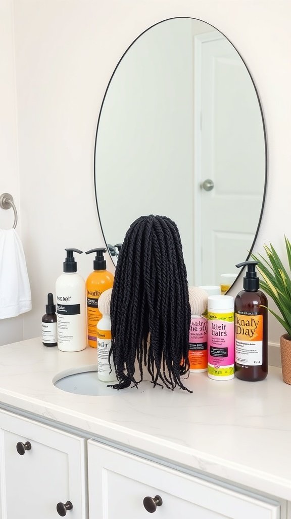 A variety of hair products for maintaining knotless braids on a bathroom counter.