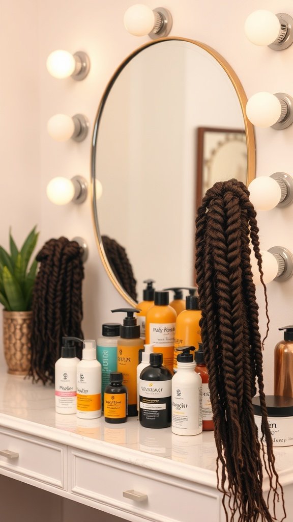 A stylish vanity with hair products and a mirror, showcasing the essentials for maintaining knotless braids.
