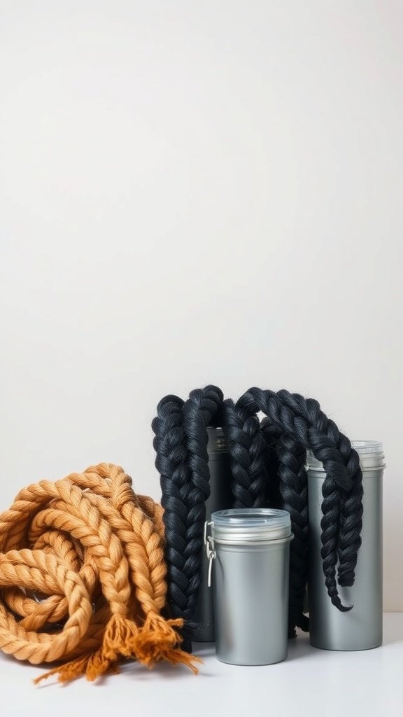 A variety of braided hair extensions in different colors next to containers of hair products.